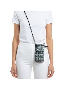 STEVE MADDEN Black & White Tweed Boucle CrossbodyPhone Bag w/ Faux Pearl Accents